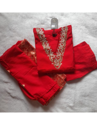 Silk 3 Piece Kurti Set (Red)