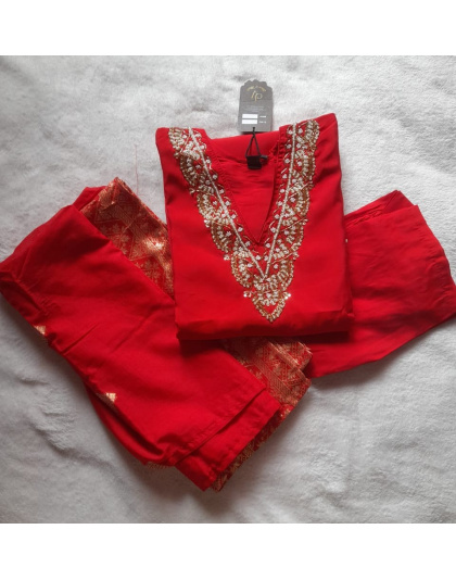 Silk 3 Piece Kurti Set (Red)