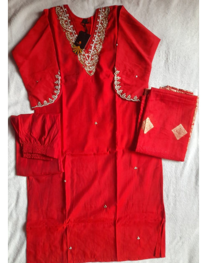 Silk 3 Piece Kurti Set (Red)