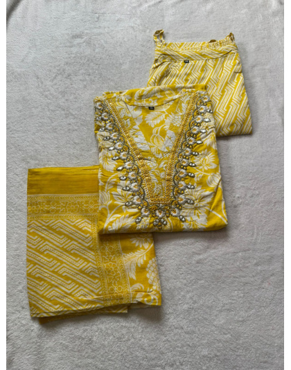 Mulmal Cotton Kurta Set (Yellow)