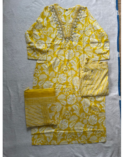 Mulmal Cotton Kurta Set (Yellow)